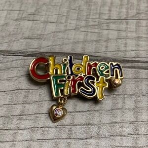 AAI Vintage Children First Enamel Brooch Gold Tone Heart Rhinestone Pin 5217